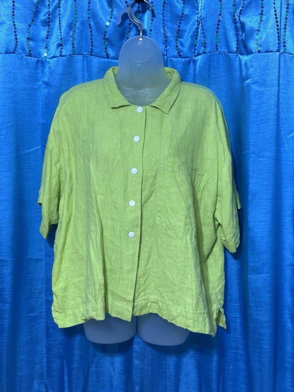 Nettle Studios San Francisco 100% Linen Boxy Snap Button Down Lime Green Blouse